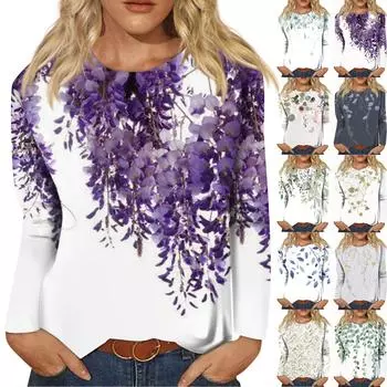 Женская мода, повседневная блузка с длинным рукавом и цветочным принтом, пуловер с круглым вырезом XXXXXL бежевый