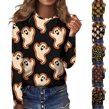 Женская мода, повседневная блузка с длинным рукавом и принтом на Хэллоуин, пуловер с круглым вырезом