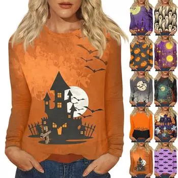 Женская мода, повседневная блузка с длинным рукавом и принтом на Хэллоуин, пуловер с круглым вырезом XXXXXL фиолетовый