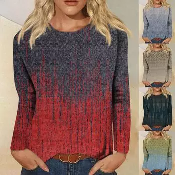 Женская мода, повседневная блузка с длинным рукавом и круглым вырезом, пуловер с принтом XL синий