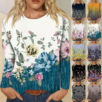 Женская мода, повседневная блузка с длинным рукавом и круглым вырезом, пуловер с принтом XL