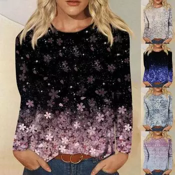 Женская мода, повседневная блузка с длинным рукавом и круглым вырезом, пуловер с принтом L чёрный