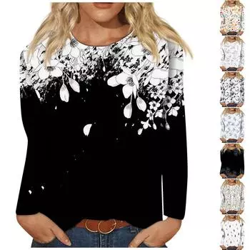 Женская мода, повседневная блузка с длинным рукавом и круглым вырезом, пуловер с принтом XXL