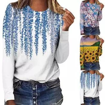 Женская мода, повседневная блузка с длинным рукавом и круглым вырезом, пуловер с принтом S оранжевый