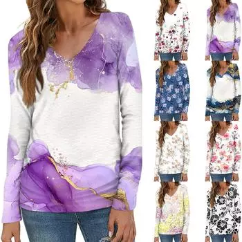 Женская мода повседневная блузка с длинным рукавом и цветочным принтом с V-образным вырезом L темно-фиолетового