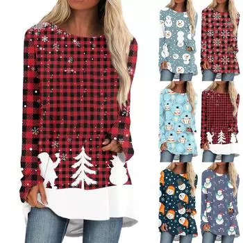 Женская мода, повседневная блузка с длинным рукавом и рождественским принтом, пуловер с круглым вырезом XXL светло-синий