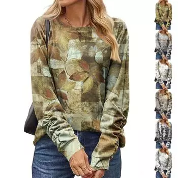 Женская мода, повседневная блузка с длинным рукавом и круглым вырезом, пуловер с принтом S