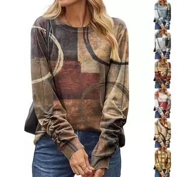 Женская мода, повседневная блузка с длинным рукавом и круглым вырезом, пуловер с принтом L коричневый