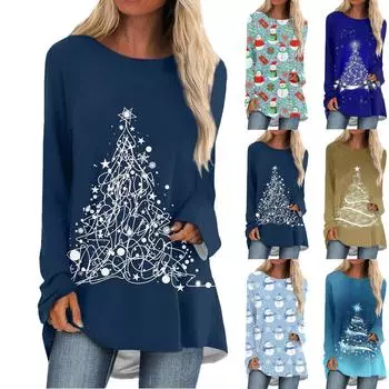 Женская мода, повседневная блузка с длинным рукавом и рождественским принтом, пуловер с круглым вырезом XXXL серый
