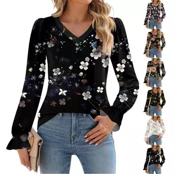 Женская мода повседневная блузка с длинным рукавом и принтом, V-образным вырезом, рукавом-трубой M розовый