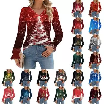 Женская мода повседневная блузка с длинным рукавом и принтом, V-образным вырезом, рукавом-трубой L чёрный