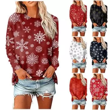 Женская мода, повседневная блузка с длинным рукавом и рождественским принтом, пуловер с круглым вырезом XXL бежевый