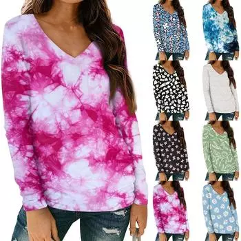 Женская мода повседневная блузка с длинным рукавом и цветочным принтом, V-образным вырезом и карманами XXXL розовый