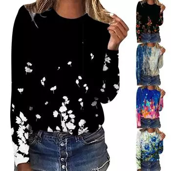 Женская мода, повседневная блузка с длинным рукавом и круглым вырезом, пуловер с принтом XXL синий