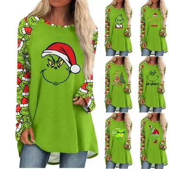 Женская мода, повседневная блузка с длинным рукавом и рождественским принтом, пуловер с круглым вырезом L