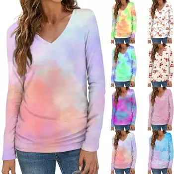 Женская мода повседневная блузка с длинным рукавом и цветочным принтом с V-образным вырезом M