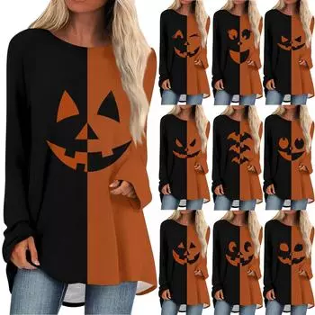 Женская мода, повседневная блузка с длинным рукавом и круглым вырезом на Хэллоуин, пуловер с круглым вырезом L тёмно-синий