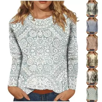Женская мода, повседневная блузка с длинным рукавом и круглым вырезом, пуловер с принтом XXXXXL