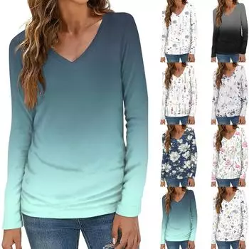 Женская мода повседневная блузка с длинным рукавом и цветочным принтом с V-образным вырезом L розовый