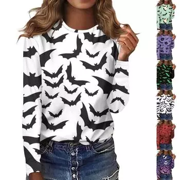Женская мода, повседневная блузка с длинным рукавом и принтом на Хэллоуин, пуловер с круглым вырезом XXXXXL