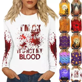 Женская мода, повседневная блузка с длинным рукавом и принтом на Хэллоуин, пуловер с круглым вырезом XXXL оранжевый