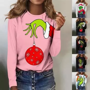 Женская мода, повседневная блузка с длинным рукавом и круглым вырезом, пуловер с принтом L