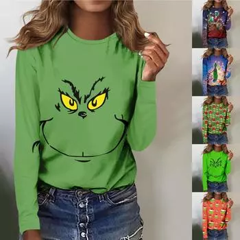 Женская мода, повседневная блузка с длинным рукавом и круглым вырезом, пуловер с принтом S