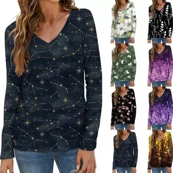 Женская мода повседневная блузка с длинным рукавом и цветочным принтом с V-образным вырезом M