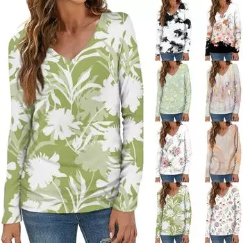Женская мода повседневная блузка с длинным рукавом и цветочным принтом с V-образным вырезом XXXL