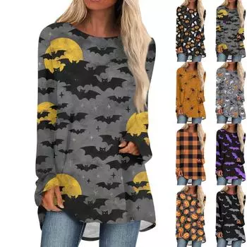 Женская мода, повседневная блузка с длинным рукавом и круглым вырезом на Хэллоуин, пуловер с круглым вырезом M