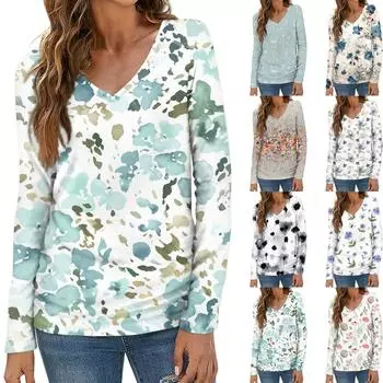 Женская мода повседневная блузка с длинным рукавом и цветочным принтом с V-образным вырезом XXXL