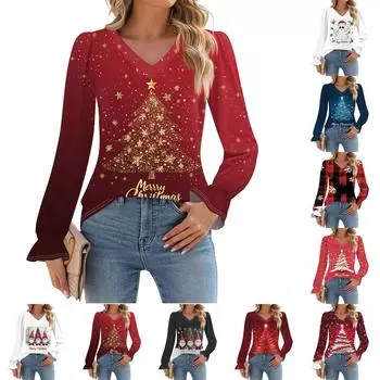 Женская мода повседневная блузка с длинным рукавом и принтом, V-образным вырезом, рукавом-трубой L чёрный