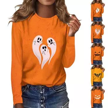 Женская мода, повседневная блузка с длинным рукавом и принтом на Хэллоуин, пуловер с круглым вырезом XXL жёлтый