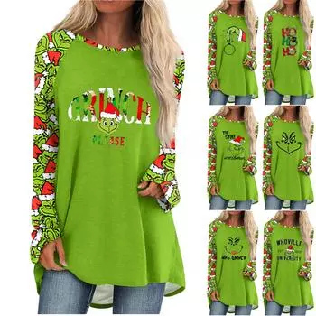 Женская мода, повседневная блузка с длинным рукавом и рождественским принтом, пуловер с круглым вырезом L