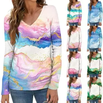 Женская мода повседневная блузка с длинным рукавом и цветочным принтом с V-образным вырезом L горячий розовый