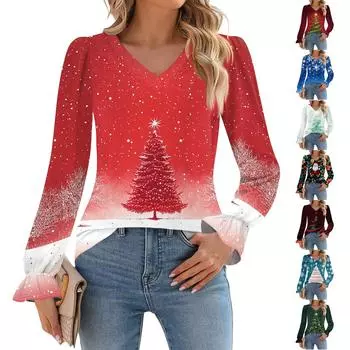 Женская мода повседневная блузка с длинным рукавом и принтом, V-образным вырезом, рукавом-трубой XXXXXL