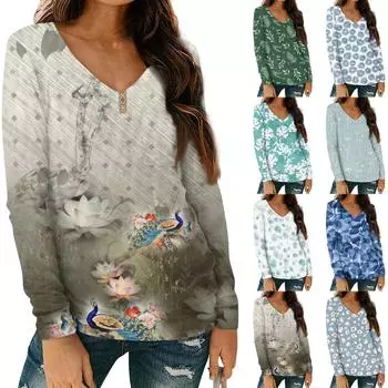 Женская мода повседневная блузка с длинным рукавом и цветочным принтом, V-образным вырезом и карманами L темно-фиолетового