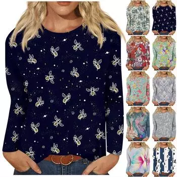 Женская мода, повседневная блузка с длинным рукавом и цветочным принтом, пуловер с круглым вырезом XXXXXL
