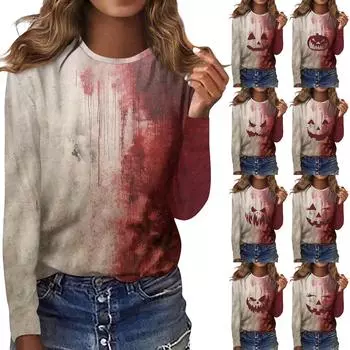 Женская мода, повседневная блузка с длинным рукавом и принтом на Хэллоуин, пуловер с круглым вырезом M винный