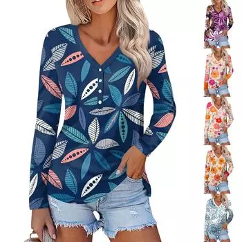 Женская мода повседневная блузка с длинным рукавом и круглым вырезом L синий