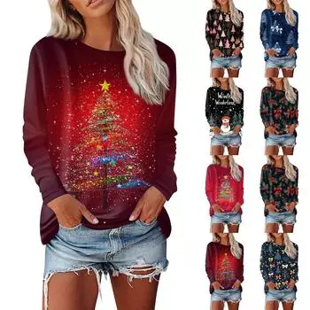 Женская мода, повседневная блузка с длинным рукавом и круглым вырезом, пуловер с принтом M синий