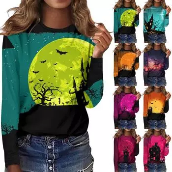 Женская мода, повседневная блузка с длинным рукавом и принтом на Хэллоуин, пуловер с круглым вырезом M