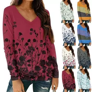 Женская мода повседневная блузка с длинным рукавом и цветочным принтом, V-образным вырезом и карманами L темно-фиолетового