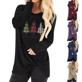 Женская мода Повседневная блузка с длинным рукавом с рождественским принтом и круглым вырезом L хаки