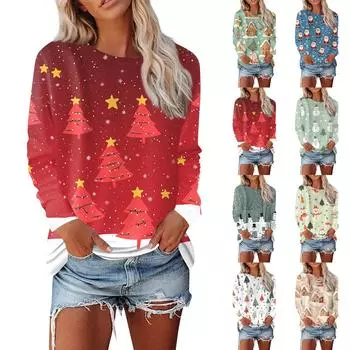 Женская мода, повседневная блузка с длинным рукавом и круглым вырезом, пуловер с принтом XL зелёный