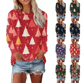 Женская мода, повседневная блузка с длинным рукавом и круглым вырезом, пуловер с принтом M зелёный