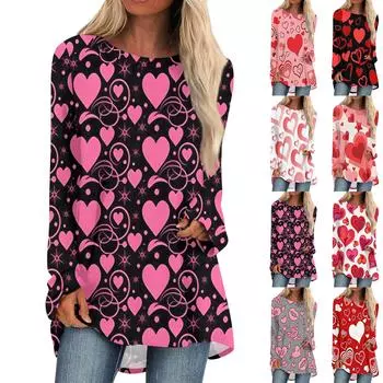 Женская мода повседневная блузка с длинным рукавом и принтом «Любовь ко Дню святого Валентина», круглый вырез, пуловер S красный