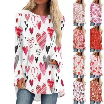 Женская мода повседневная блузка с длинным рукавом и принтом «Любовь ко Дню святого Валентина», круглый вырез, пуловер S