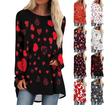 Женская мода повседневная блузка с длинным рукавом и принтом «Любовь ко Дню святого Валентина», круглый вырез, пуловер XXL