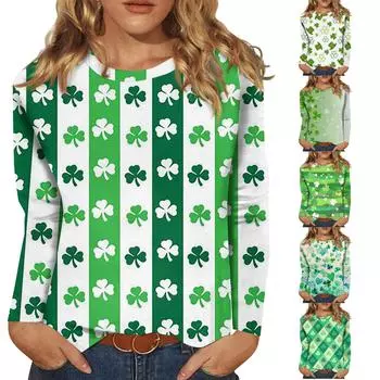 Женская мода, повседневная блузка с длинным рукавом и круглым вырезом, пуловер с принтом XL зелёный